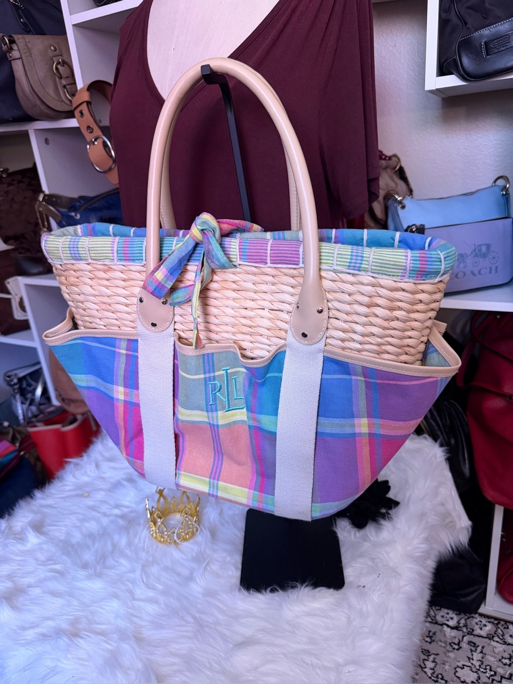 Ralph Lauren Pastel Plaid Woven Straw Tote with Leather Handles